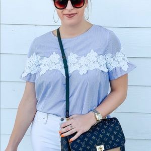 Short Sleeve Lace Striped Blouse (Blue)